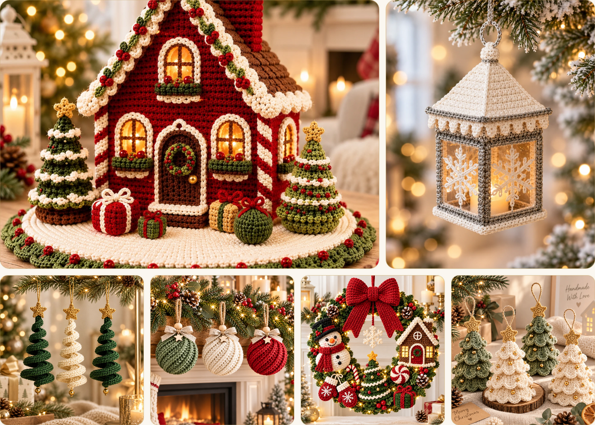 Les six décorations de Noël au crochet de la collection Essential Glow Design