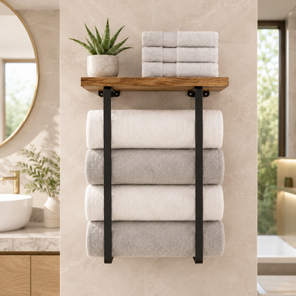 Wall Towel Rack with Wood Shelf – Black Bathroom Organizer for Rolled Towels