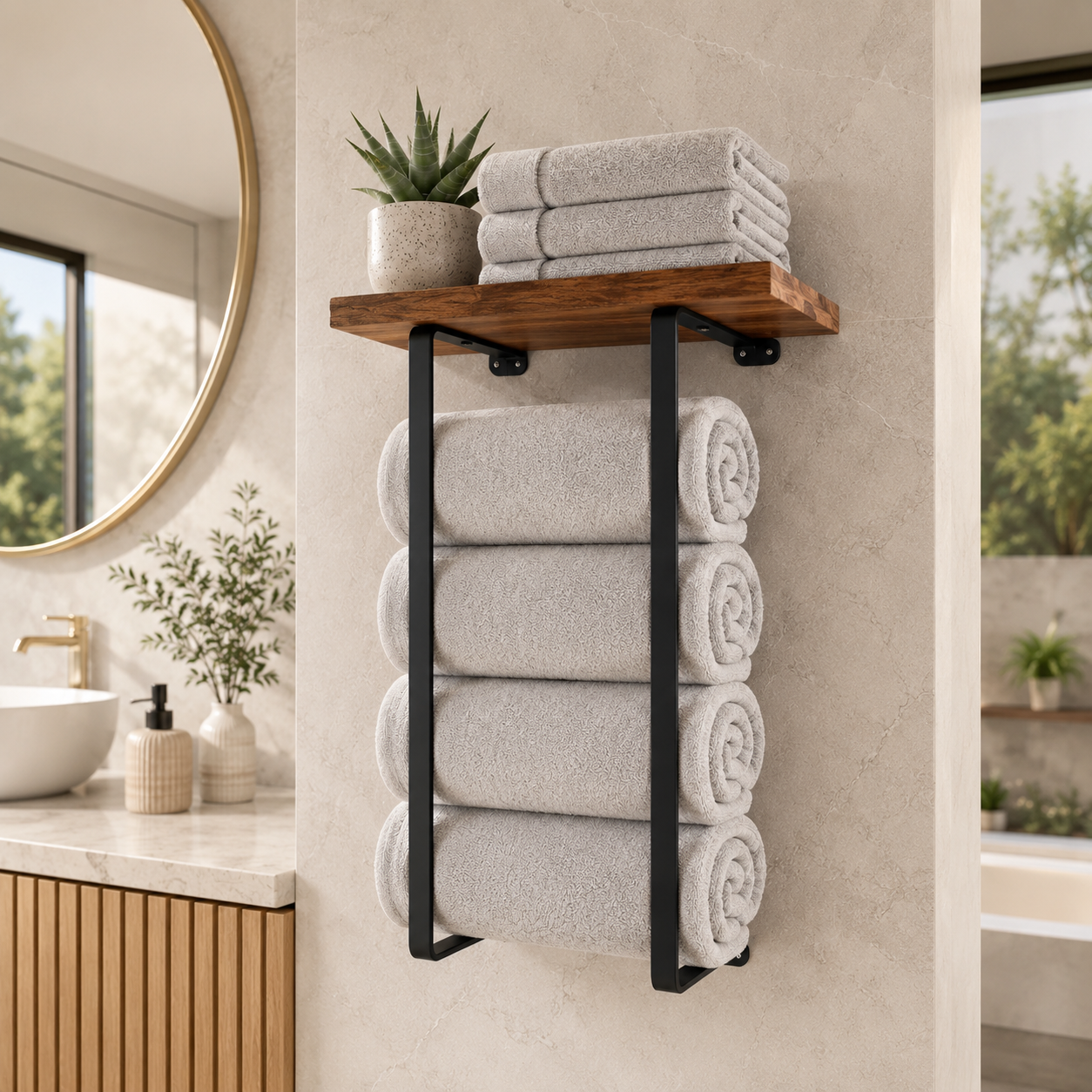 Wall Towel Rack with Wood Shelf – Black Bathroom Organizer for Rolled Towels