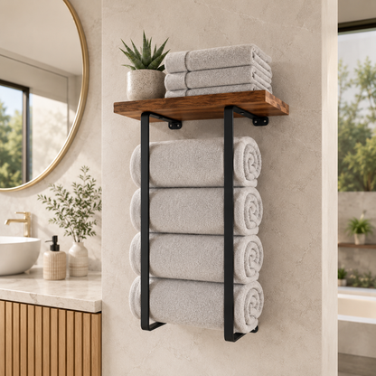 Wall Towel Rack with Wood Shelf – Black Bathroom Organizer for Rolled Towels