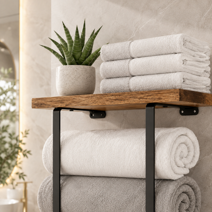 Wall Towel Rack with Wood Shelf – Black Bathroom Organizer for Rolled Towels