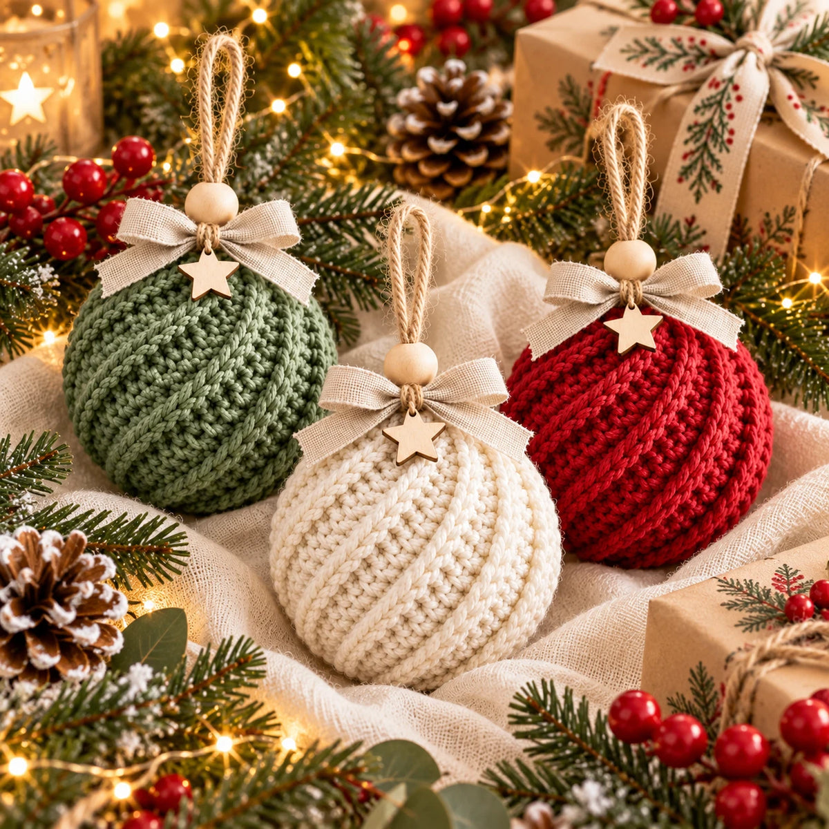 Les trois boules côtelées au crochet posées sur un tissu crème, avec cadeaux et pommes de pin