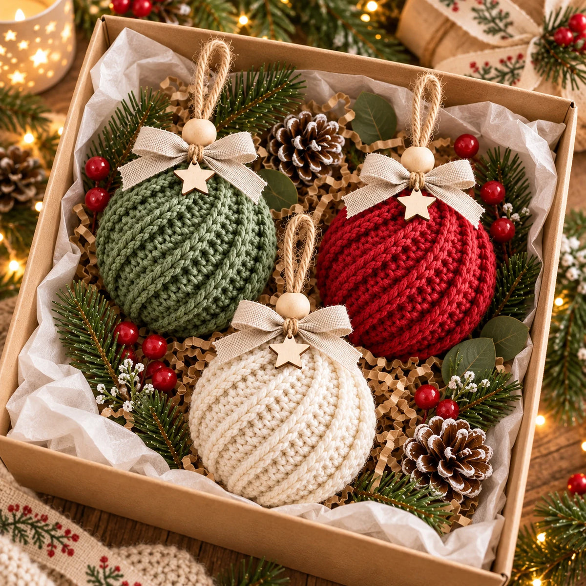 Les trois boules côtelées au crochet présentées dans un coffret cadeau en carton kraft