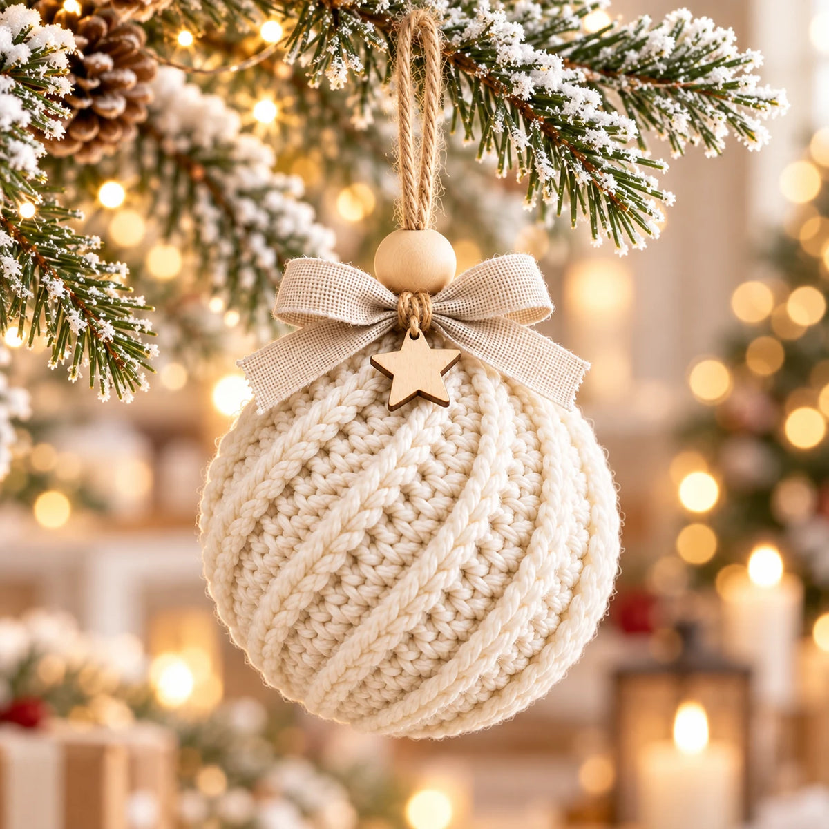 Boule de Noël côtelée au crochet crème, nœud en lin et étoile en bois, suspendue à une branche enneigée