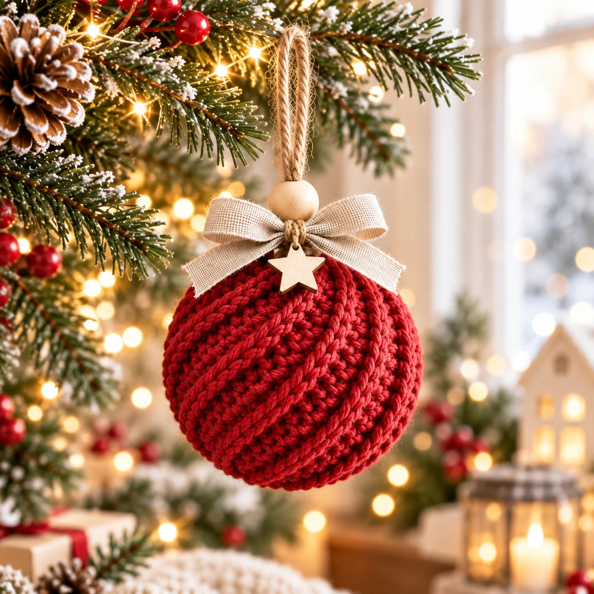 Boule de Noël côtelée au crochet rouge, suspendue à une branche de sapin décorée
