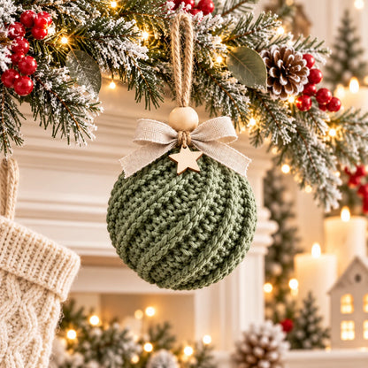 Boule de Noël côtelée au crochet vert sauge, suspendue devant une cheminée décorée