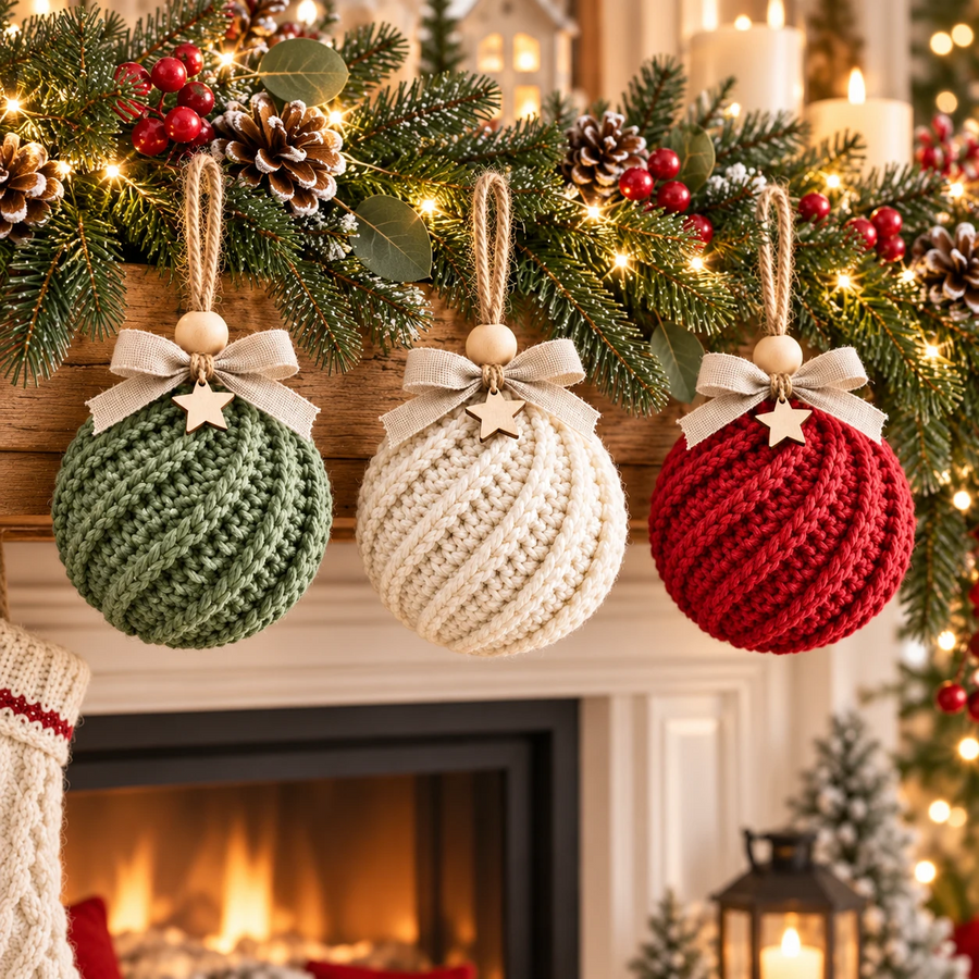 Trois boules de Noël côtelées au crochet, vert, ivoire et rouge, réalisées avec un de nos tutoriels