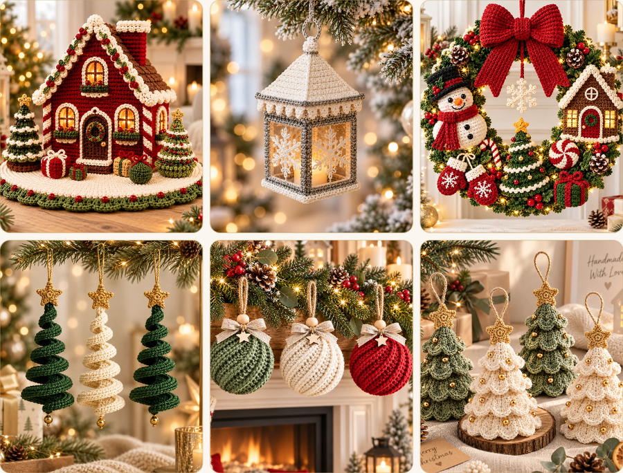Les six décorations de Noël au crochet réunies : maison en pain d’épices, lanterne, couronne, sapins en spirale, boules côtelées et sapins festonnés