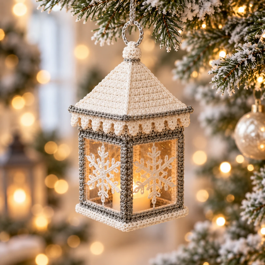 Lanterne de Noël au crochet crème avec flocons