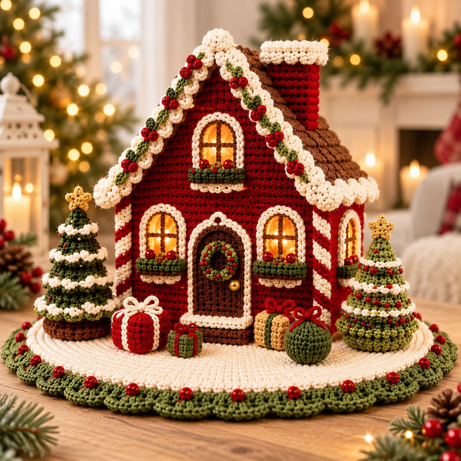 Maison en pain d'épices au crochet avec sapins et cadeaux