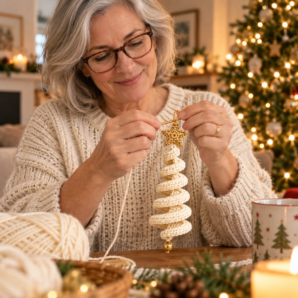 Femme souriante en train de crocheter un Sapin Spirale ivoire à étoile dorée, dans un salon décoré pour Noël