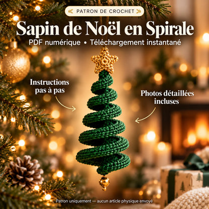 Patron de crochet Sapin de Noël en Spirale, PDF numérique à téléchargement instantané : sapin vert en spirale avec étoile dorée et perle dorée, instructions pas à pas et photos détaillées incluses