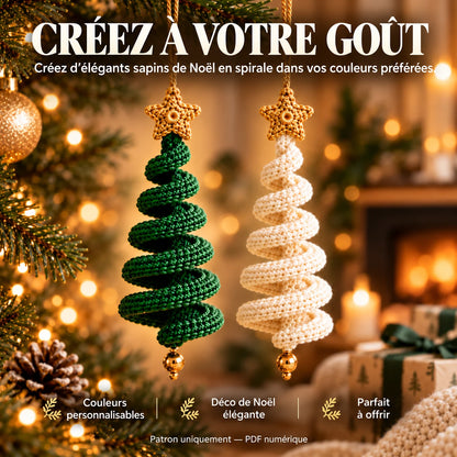 Créez à votre goût : deux sapins de Noël en spirale au crochet, un vert et un ivoire, couleurs personnalisables, déco de Noël élégante, parfait à offrir