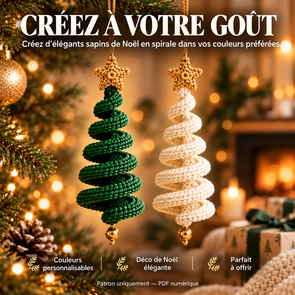 Créez à votre goût : deux sapins de Noël en spirale au crochet, un vert et un ivoire, couleurs personnalisables, déco de Noël élégante, parfait à offrir