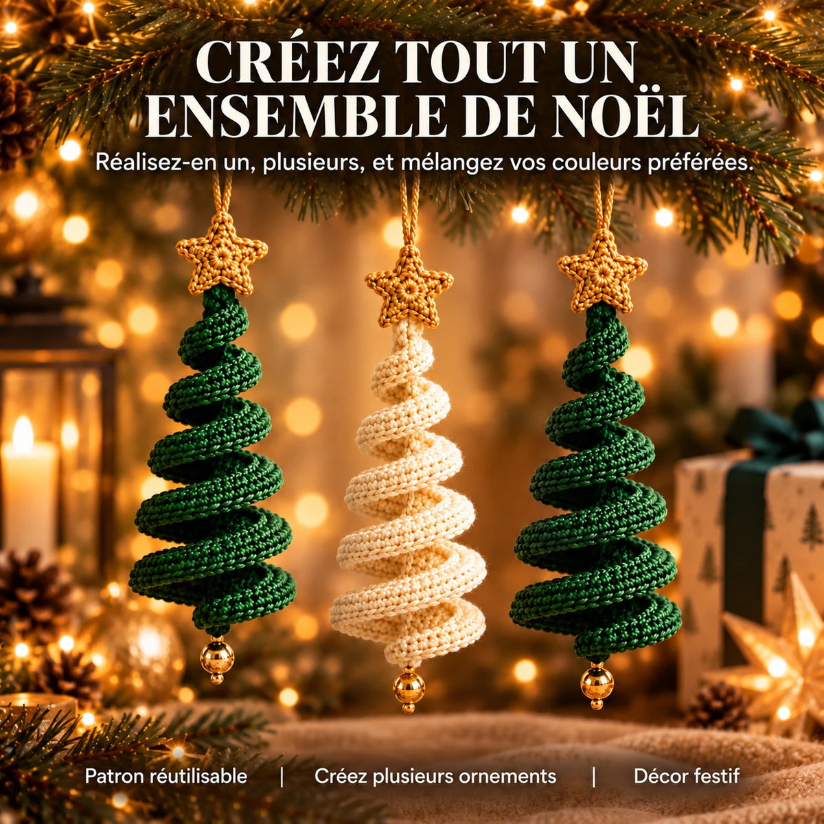 Créez tout un ensemble de Noël : trois sapins en spirale au crochet, deux verts et un ivoire, patron réutilisable pour réaliser plusieurs ornements