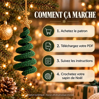 Comment ça marche en quatre étapes : achetez le patron, téléchargez votre PDF, suivez les instructions, crochetez votre sapin de Noël