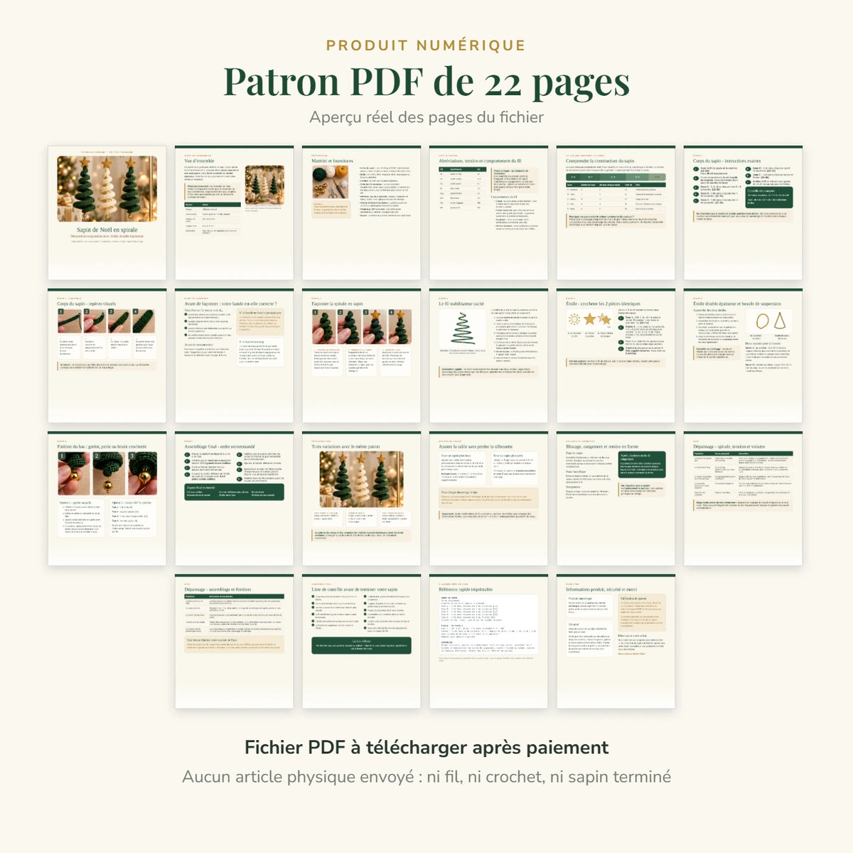 Produit numérique : patron de crochet PDF de 22 pages, aperçu réel des pages du fichier. Fichier à télécharger après paiement, aucun article physique envoyé (ni fil, ni crochet, ni sapin terminé).