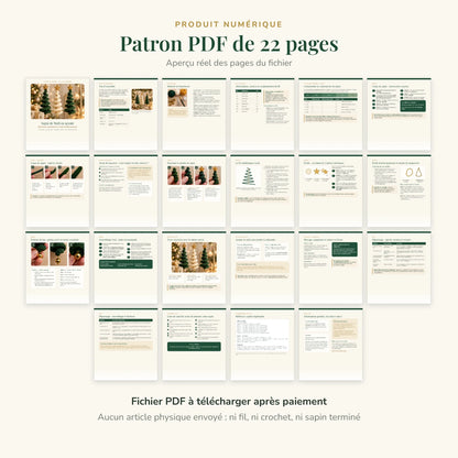 Produit numérique : patron de crochet PDF de 22 pages, aperçu réel des pages du fichier. Fichier à télécharger après paiement, aucun article physique envoyé (ni fil, ni crochet, ni sapin terminé).