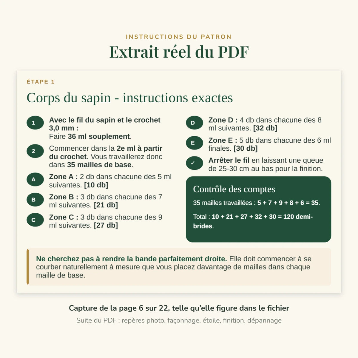 Extrait réel du patron PDF, page 6 sur 22 : étape 1, corps du sapin, instructions exactes (36 mailles en l'air, zones A à E, 120 demi-brides au total).