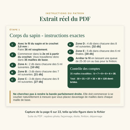 Extrait réel du patron PDF, page 6 sur 22 : étape 1, corps du sapin, instructions exactes (36 mailles en l'air, zones A à E, 120 demi-brides au total).