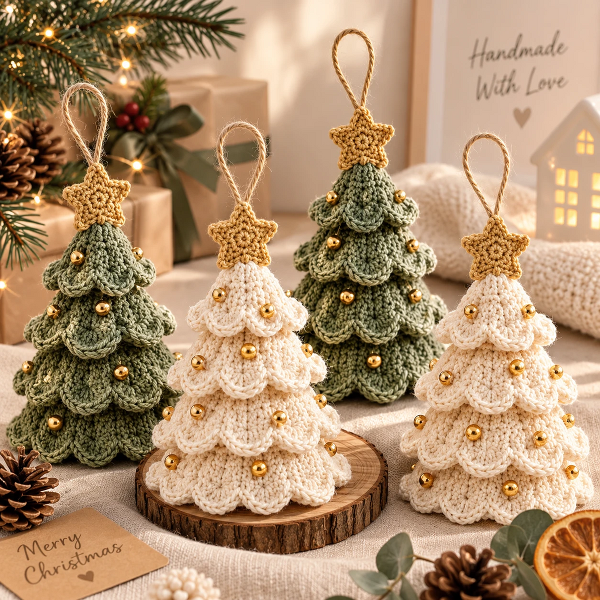 Quatre sapins de Noël festonnés au crochet, vert sauge et crème, avec étoile dorée