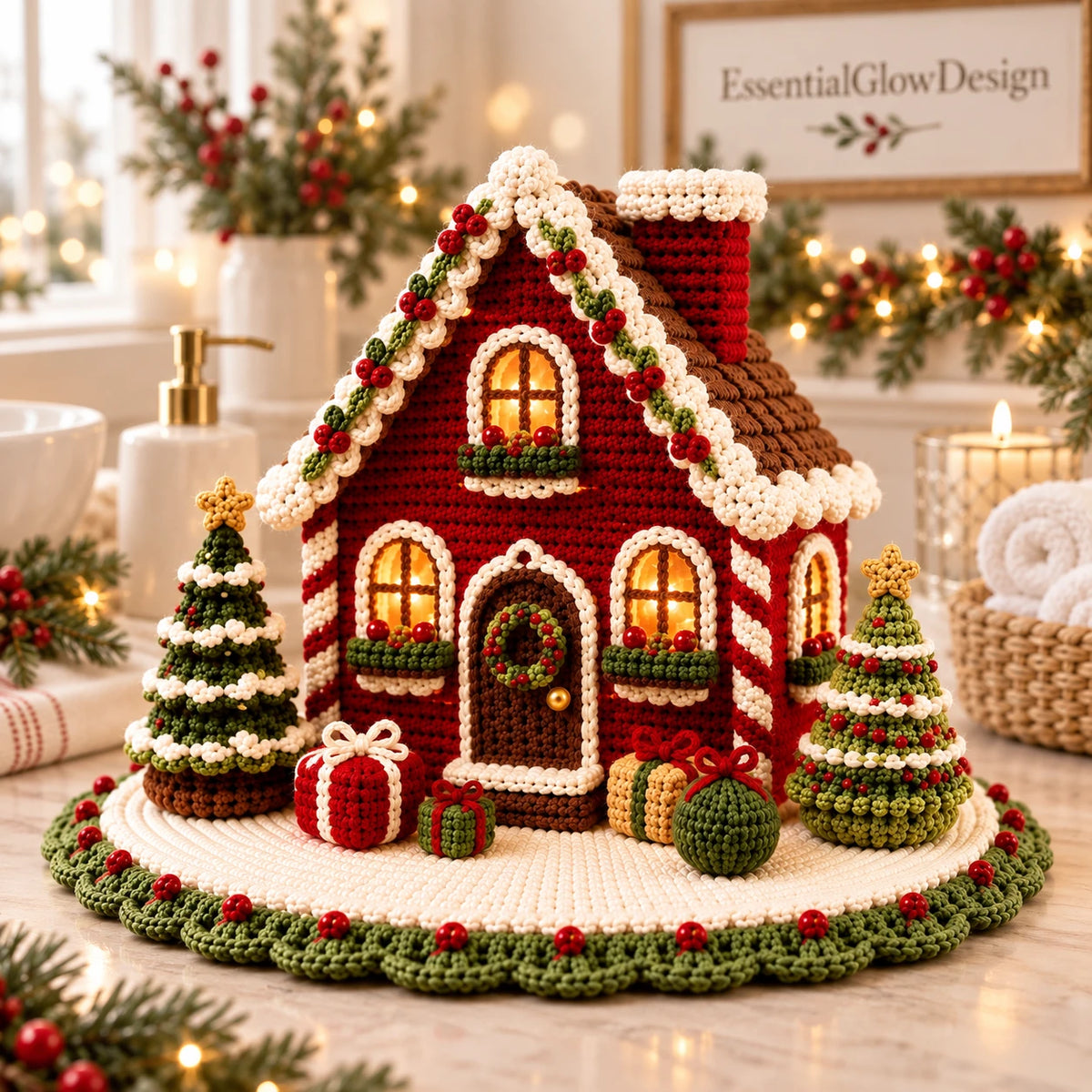 Maison en pain d’épices au crochet posée sur un plan en marbre, dans une décoration de Noël lumineuse
