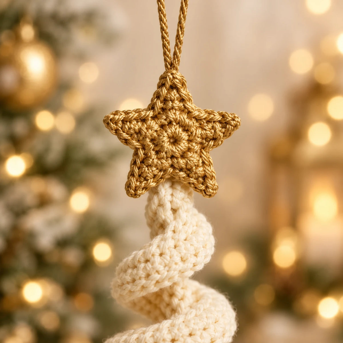 Gros plan sur l'étoile dorée au crochet au sommet du sapin