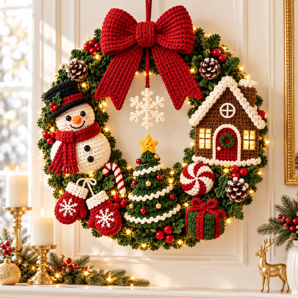 Couronne de Noël au crochet accrochée à un mur clair, avec bonhomme de neige, maison en pain d’épices et grand nœud rouge