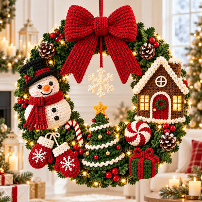 La couronne de Noël au crochet vue de face, dans un salon lumineux