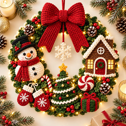 La couronne de Noël au crochet vue à plat, entourée de branches de sapin et de pommes de pin
