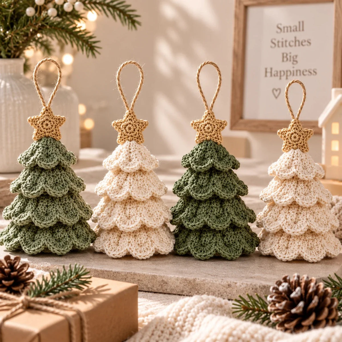 Inclus dans le lot : Les Sapins Festonnés, quatre sapins au crochet à étages