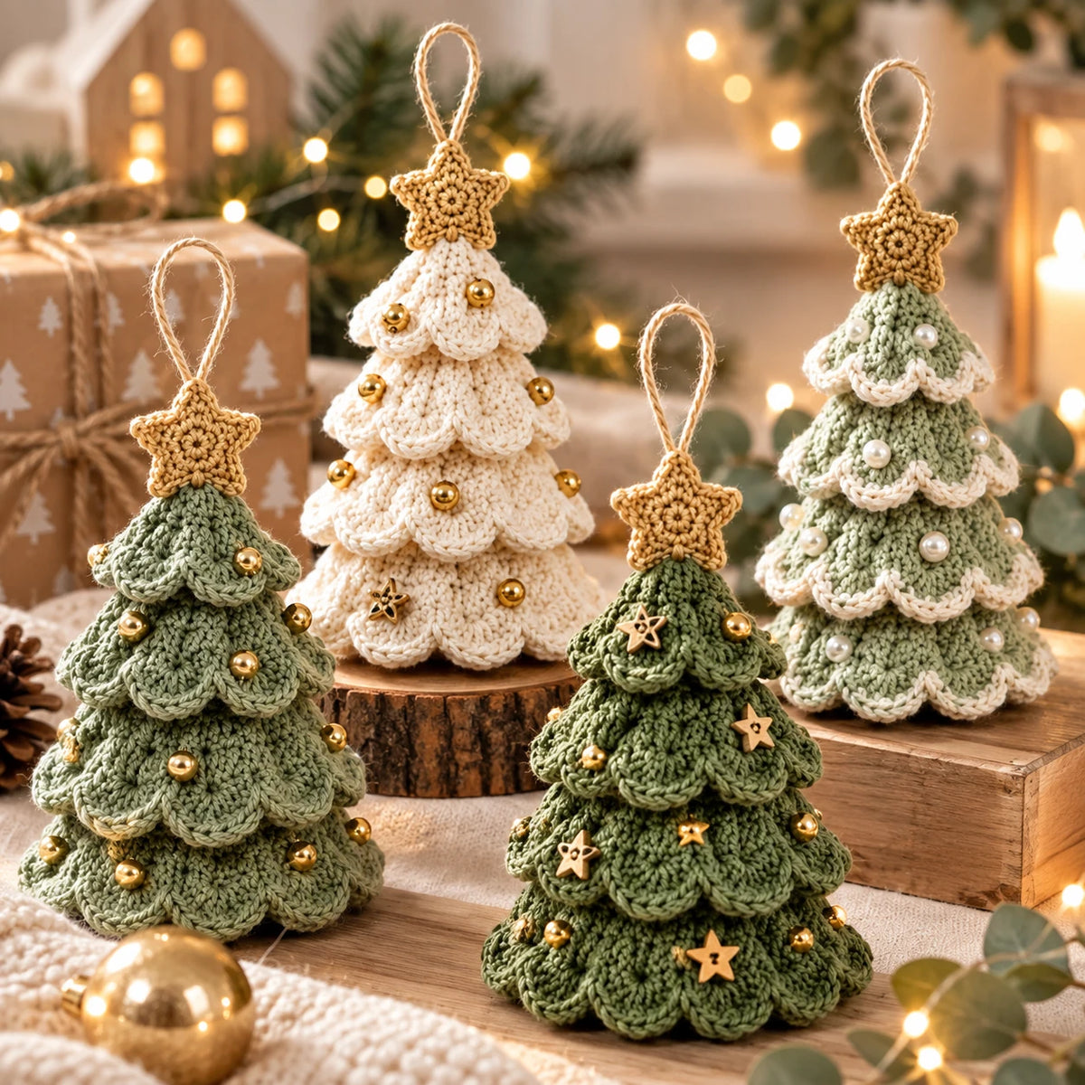 Sapins festonnés au crochet décorés de perles dorées et de petites étoiles en bois
