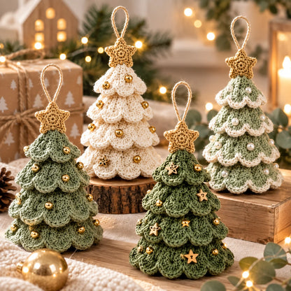 Sapins festonnés au crochet décorés de perles dorées et de petites étoiles en bois