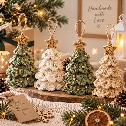 Les quatre sapins festonnés au crochet dans une décoration de Noël chaleureuse