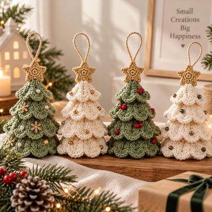 Variantes de décoration des sapins festonnés : perles nacrées, flocons dorés et baies rouges