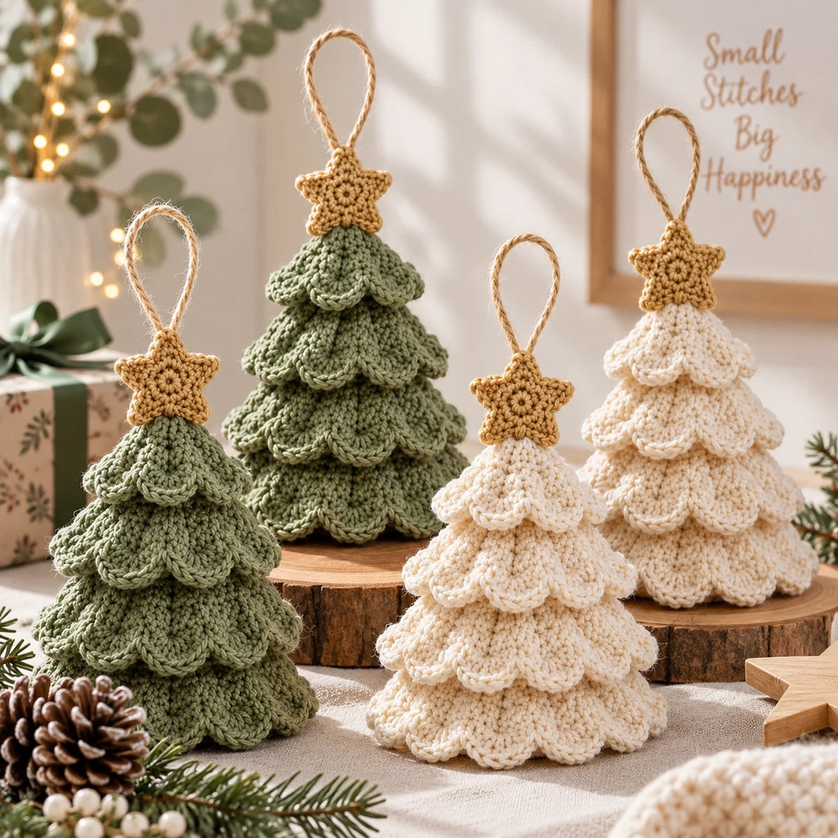 Les sapins festonnés au crochet en version unie, verte et crème, sans décoration ajoutée