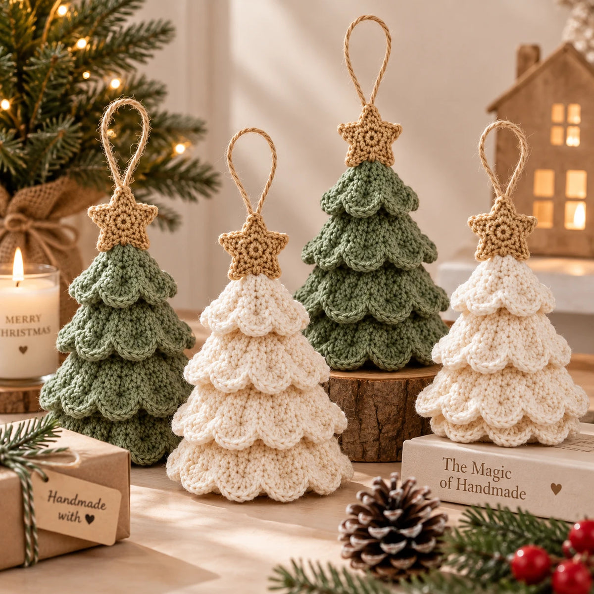 Les sapins festonnés au crochet groupés près d’une bougie, dans une ambiance douce