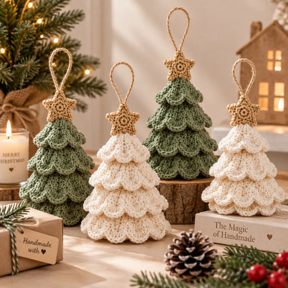 Les sapins festonnés au crochet groupés près d’une bougie, dans une ambiance douce