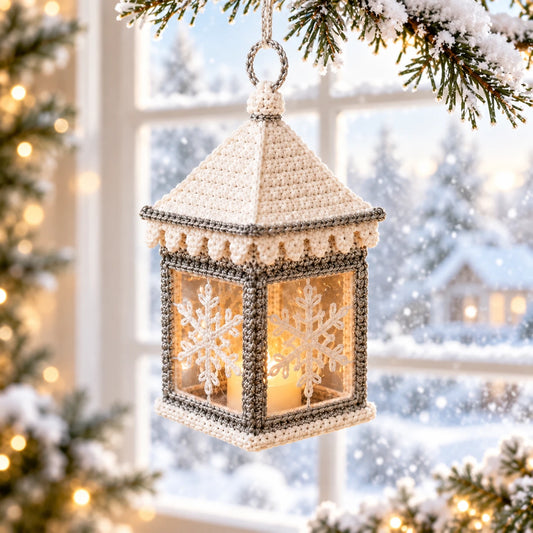 Lanterne de Noël au crochet crème et gris argenté, allumée, suspendue devant une fenêtre enneigée