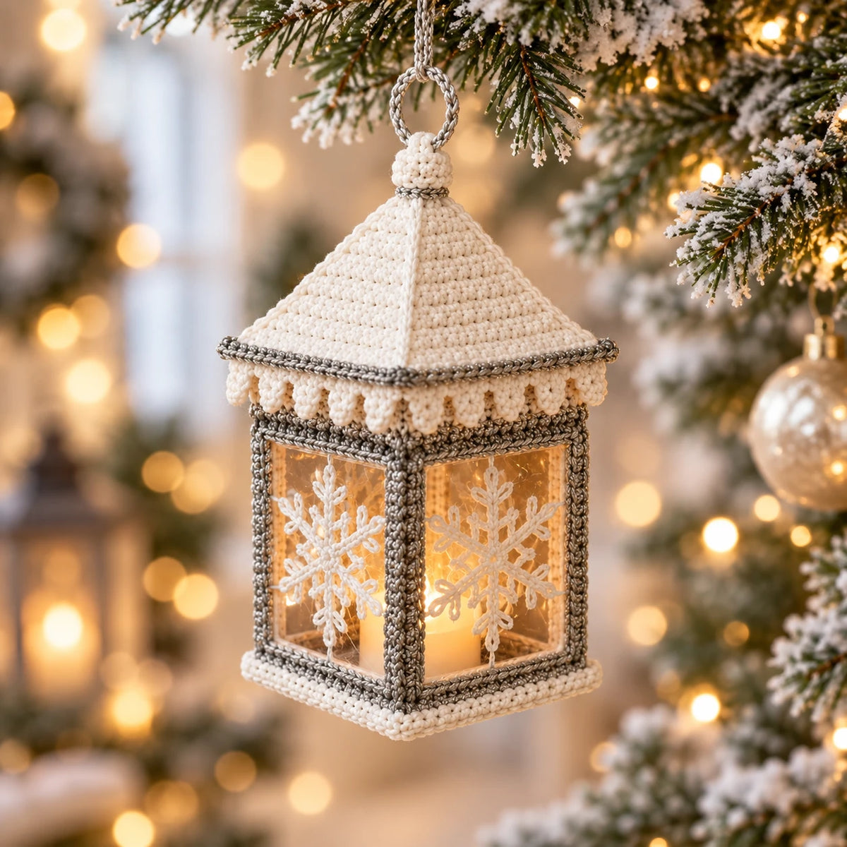 Lanterne de Noël au crochet suspendue à une branche de sapin, lumières de Noël en arrière-plan