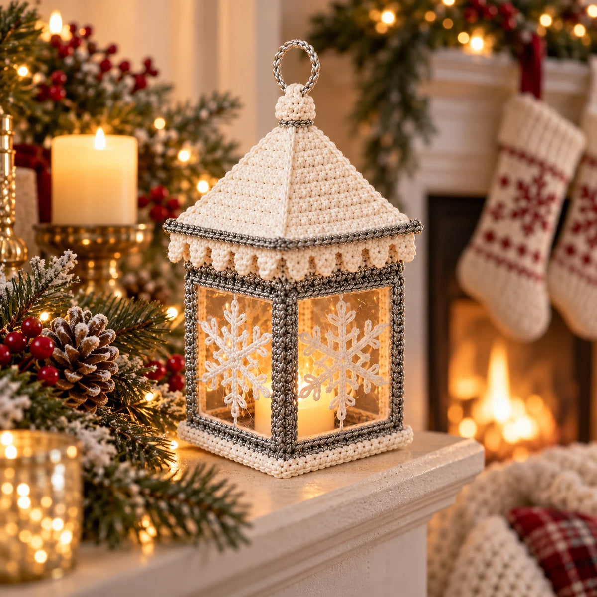 Lanterne de Noël au crochet posée sur une cheminée, avec bougies, pommes de pin et chaussettes de Noël