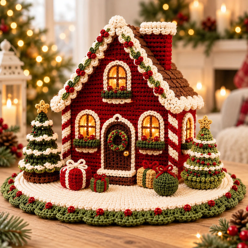 Maison en pain d’épices au crochet rouge et crème, avec deux sapins et des cadeaux, sur une table en bois