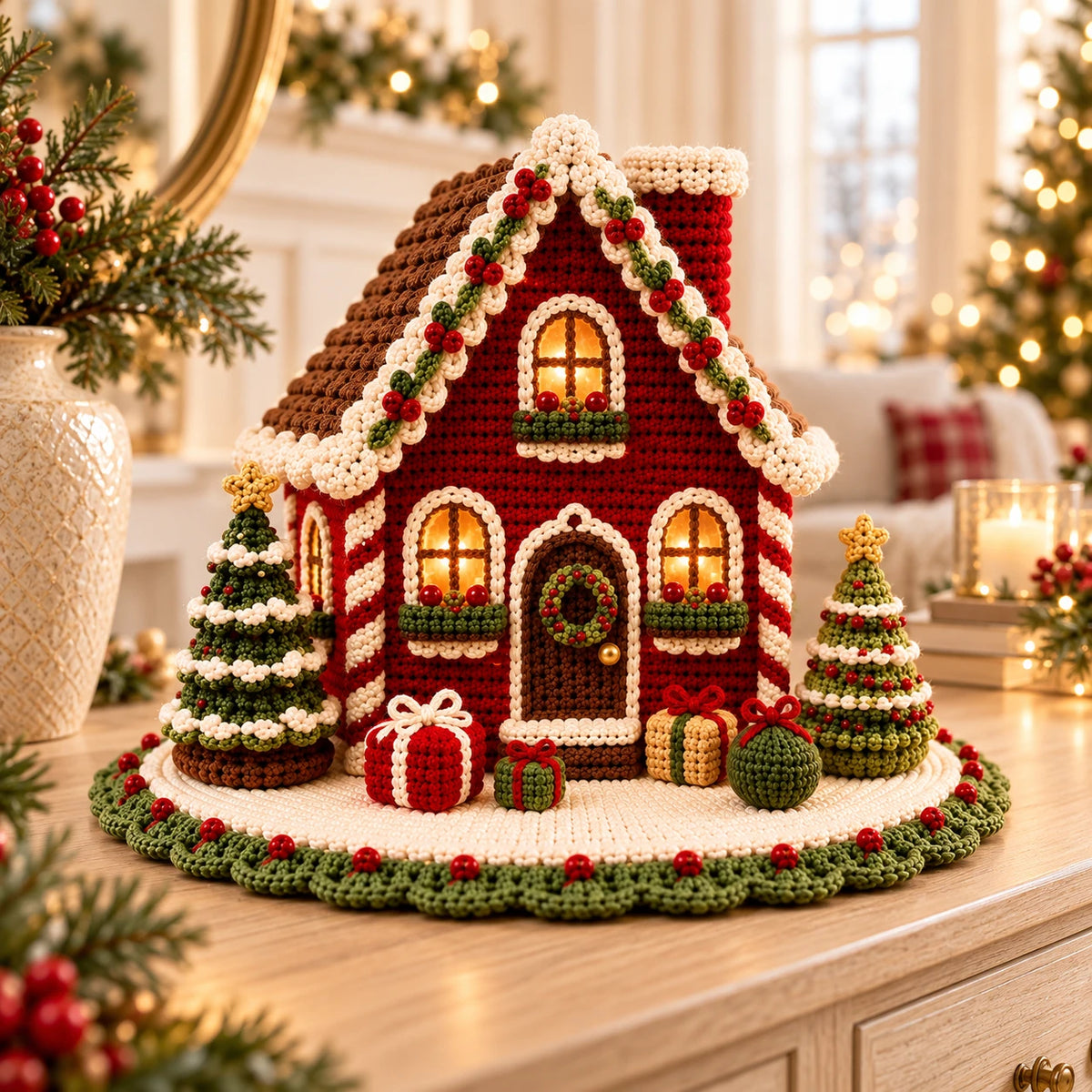 Maison en pain d’épices au crochet posée sur un buffet clair, vue de trois quarts