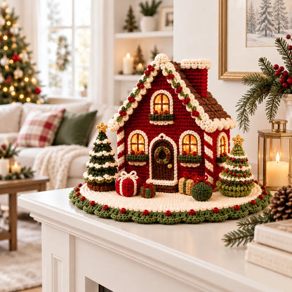 Maison en pain d’épices au crochet dans une ambiance de Noël claire et lumineuse