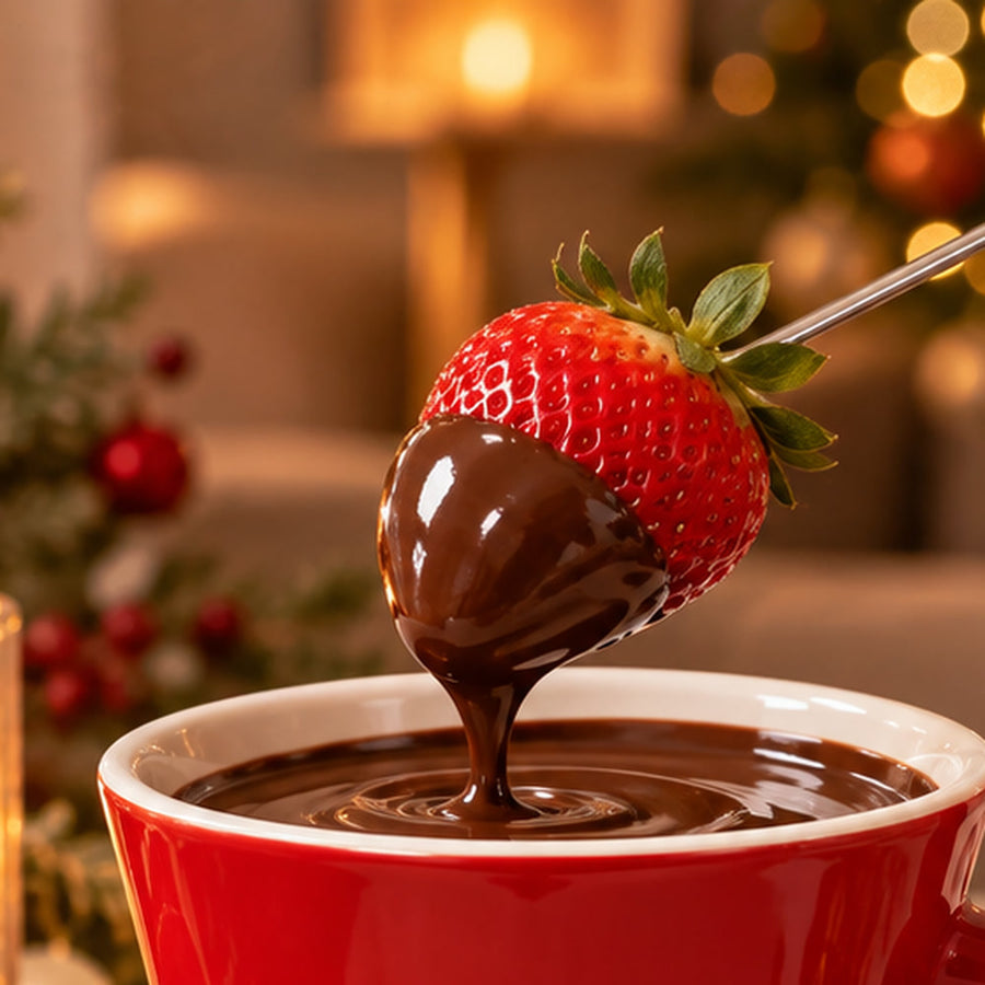 Illustration : une fraise trempée dans le chocolat fondu du mug avec la petite fourchette (visuel d’illustration, photo réelle à venir)