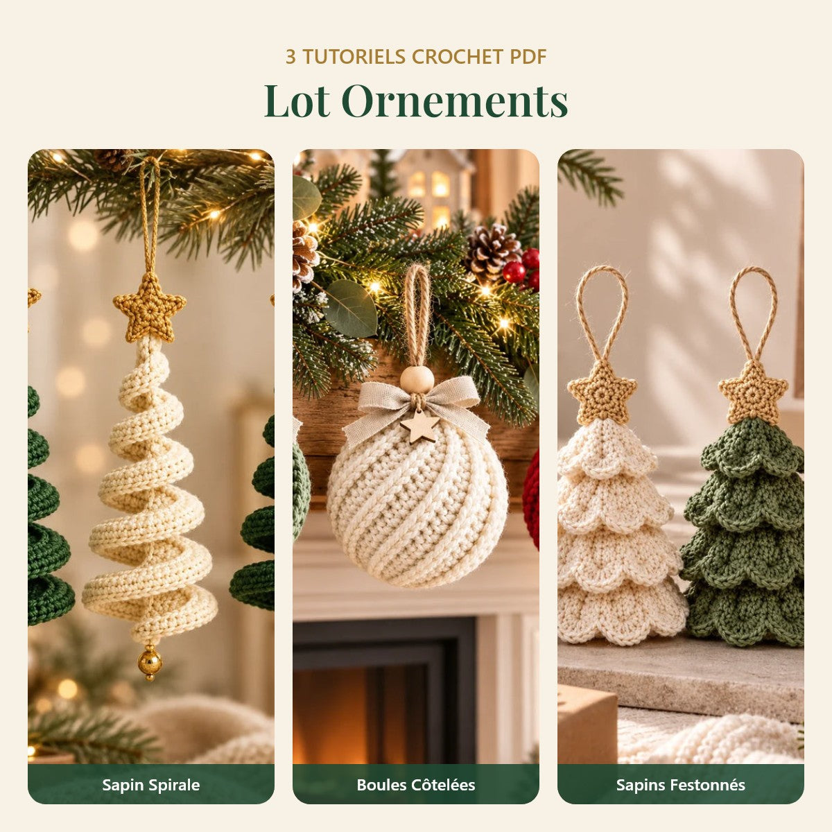 Lot Ornements : 3 tutoriels crochet inclus (Sapin Spirale, Boules Côtelées, Sapins Festonnés)