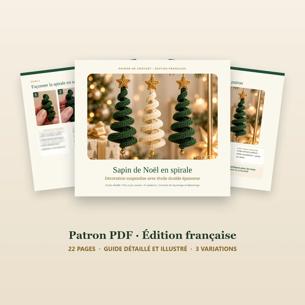 Aperçu du patron PDF en français de 22 pages : couverture et pages du guide détaillé et illustré (instructions masquées)