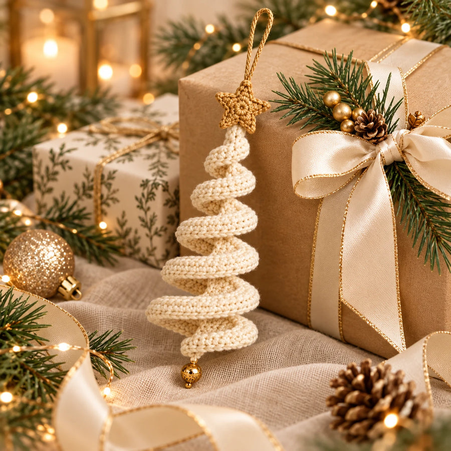 Sapin en spirale ivoire au crochet posé à côté d'un cadeau de Noël