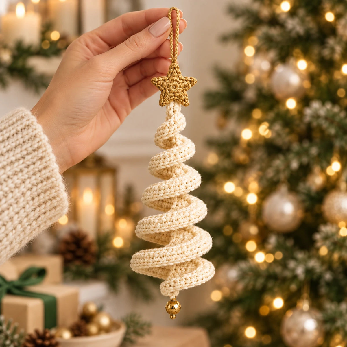 Main tenant un sapin en spirale ivoire au crochet devant un sapin de Noël