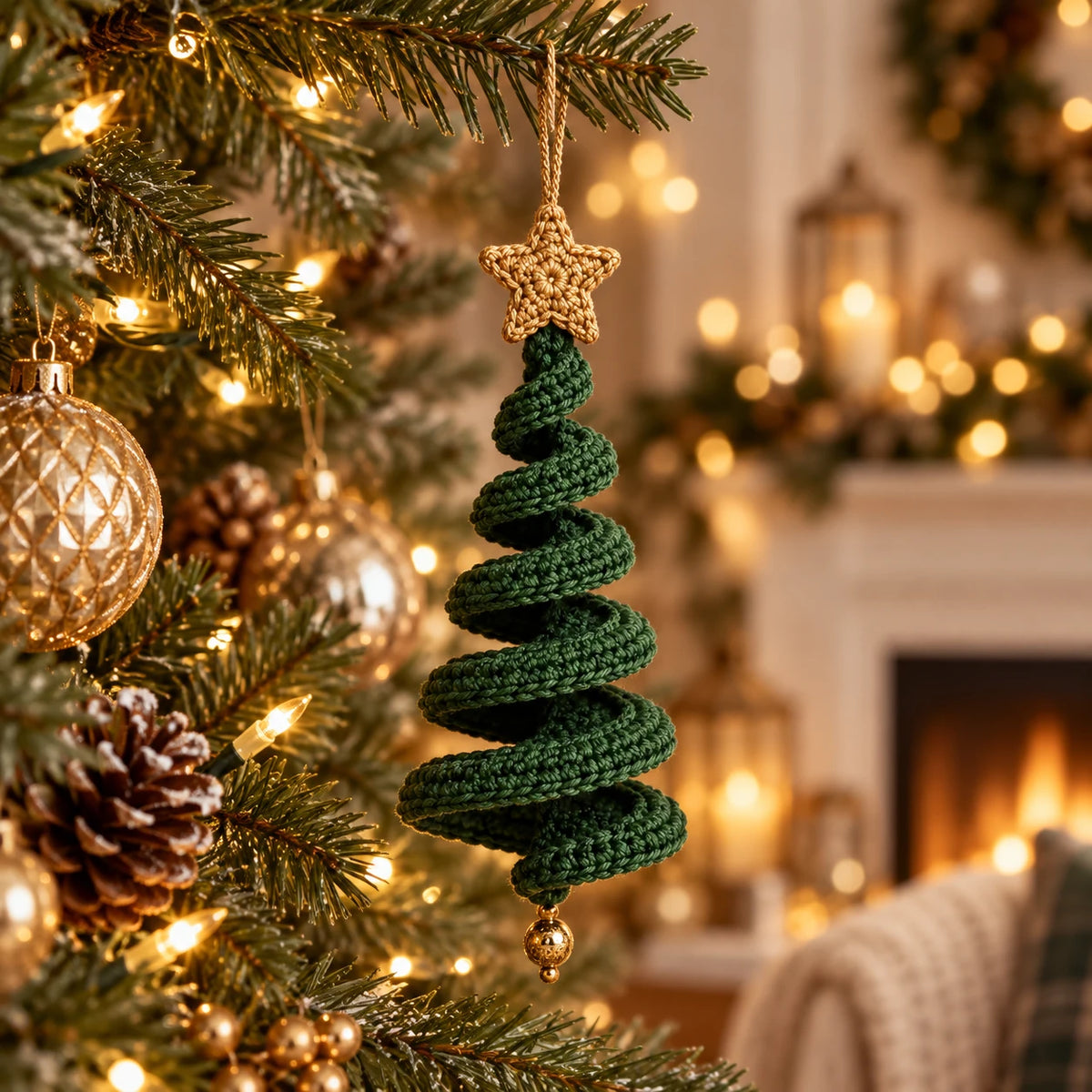 Sapin en spirale vert au crochet suspendu dans un sapin de Noël illuminé